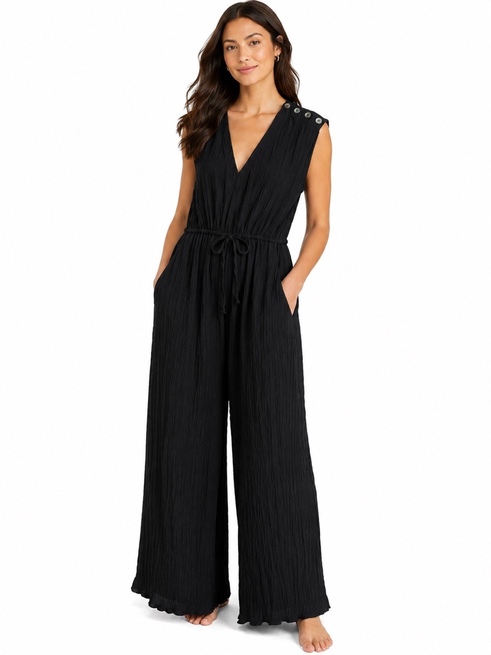 Robin Piccone Fiona Black Crinkle Gauze Wide Leg Jumpsuit Cover Up Size M Beach